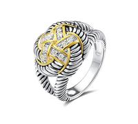 UNY JEWEL Jewelry Twisted Cable Wire Two Tone Flower Swirl Split Shank Ring with Pave CZ Unique Design with Sparkling Stones Perfect for Women's Fashion, Metal, Cubic Zirconia