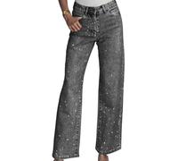 Unybwonn Straight Leg Jeans Rhinestone High Waisted Pearl Boyfried Denim Pants Sparkly Bling Glitter Bedazzled Jeans, Grey, S