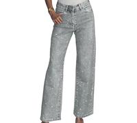 Unybwonn Straight Leg Jeans Rhinestone High Waisted Pearl Boyfried Denim Pants Sparkly Bling Glitter Bedazzled Jeans, Light Grey, M