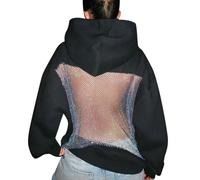 Unybwonn Women Hoodie Sweatshirt Sexy Back Sequin See Through Fishnet Mesh Pullover Long Sleeve Backless Top with Pocket, Black, M