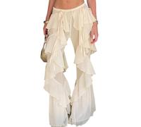 Unybwonn Women Sexy Mesh Pants Ruffle Patchwork Wide Leg Leaf Hem Flared Pant Layered Sheer Chiffon Y2k Cowgirl Trousers, Apricot, S