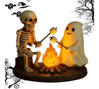 UOAESR Ghost Campfire Flickering Night Light, Halloween Candles Nightlight, Halloween Ghosts Campfire Gathering, 3D Cute Two Ghosts Roasting Marshmallows, Funny Halloween Decor (Skeleton and Ghost)