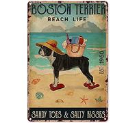 UOAIUDT Vintage Boston Terrier Dog Metal Plaque Poster Boston Terrier Dog Beach Life Retro Metal Tin Sign Plaque Wall Decor Gift For Bathroom Restaurant Farm Bedroom Cafe School 12x16 Inch