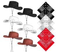 Uoeo 6 PCS Cowboy Hats With 6 Pieces Bandanna - Western Costume Hat Fancy Cowgirl Cowboy Costume Hat for Halloween Party, Fancy Dress Up Accessories for Men Women (White/Black/Red)
