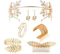 Uoeo 6 Pieces Goddess Costume Accessories Set Goddess Leaf Headband Gold Leaf Bangle Bracelet Armband Greek Roman Laurel Leaf Branch Goddess Headpiece Romantic Grecian Costume Accessories