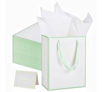 UoeRing 25 Pack Thank You Gift Bags with Handles 9.5x7.5x3.75 inch Gift Bags Medium Size Gift Bag with Tissue Paper and Card for Wedding Birthday Bridesmaid Holidays Mother's Day (White Green)