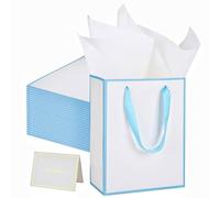 UoeRing 25 Pack Thank You Gift Bags with Handles 9.5x7.5x3.75 inch Gift Bags Medium Size Gift Bag with Tissue Paper and Card for Wedding Birthday Bridesmaid Holidays Mother's Day (White Blue)