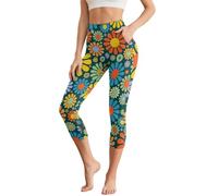 UOIMAG 70s Hippie Women's Leggings with Pockets Cute Daisy Yoga Pants Capri Leggings Tummy Control Size XL