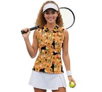 UOIMAG Black Cat Athletic Tank Women Sleeveless Golf Shirts Pumpkin Sunflower Collared Tennis Tops Racerback Workout Active Wear for Thanksgiving Fall Outfits Size XL