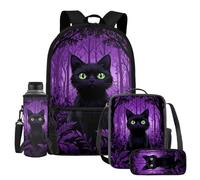 UOIMAG Black Cat Backpack and Lunch Bag Set for Kids School Bags with Water Bottle Holder 4pcs Pencil Case Sets