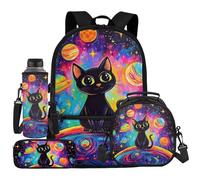UOIMAG Black Cat Backpack Kids School Bag and Lunch Box Set Space Water Bottle Holder Galaxy Planet Pencil Case 4pcs