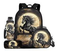 UOIMAG Black Horse Backpack Kids School Bag and Lunch Bag Set 4pcs with Water Bottle Carrier Zipper Pencil Case