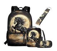 UOIMAG Black Horse School Bags Backpack Lunch Box Set with Pencil Case Keychain 4pcs for Back to School Kids