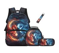UOIMAG Boys School Bag Set Age 6-8: Fire Dragon Backpack and Lunch Box, 17" 20L Large Cool Rucksack with Water Bottle Pocket