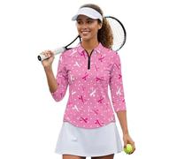 UOIMAG Breast Cancer Awareness Tennis Shirt Women Pink Ribbon Golf Tops Collared 3/4 Sleeve Zipper Athletic Activewear October Cancer Awareness Apperal Size XL
