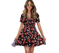 UOIMAG Candy Cane Dress Womens Christmas Party Dress Short Sleeve Mini Casual Beach Sundress for Holiday New Years Eve Size M