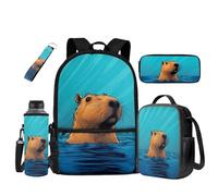 UOIMAG Capybara School Bags Boys Backpack and Lunch Bag Set School Rucksack with Water Bottle Holder Sets 5pcs