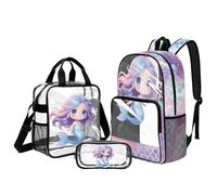 UOIMAG Clear Mermaid Backpack and Lunch Box for Girls Age 5-6 Cute Bookbag 17 inch Concert-Friendly Backpack for Elementary School Travel