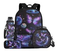 UOIMAG Galaxy Butterfly Backpack Girls School Bag and Lunch Box Set Space Water Bottle Holder Planet Pencil Case Sets 4pcs