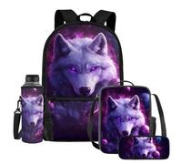 UOIMAG Galaxy Wolf School Bags Kids Backpack Lunch Box Set Space Water Bottle Holder Pencil Pouch Lightweight 4pcs
