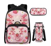 UOIMAG Girls Backpack and Lunchbox for 5th Grade 4-in-1 Axolotl Backpack with Lunch Box Pencil Case Water Bottle Carrier Cute Strawberry School Bags