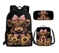 UOIMAG Girls School Bag Age 6-11 Highland Cow Backpack with Lunch Box 3 Piece Girly Rucksack 17" Lightweight