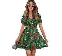 UOIMAG Green Christmas Tree Dress Women Short Sleeve Mini Sundress Holly Berry Candy Cane Dresses for Holiday Party New Years Eve Size M