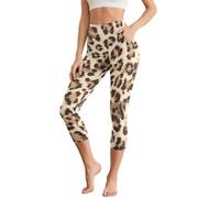 UOIMAG Leopard Print Leggings for Women Workout Leggings with Pockets 3/4 Length Size L