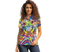 UOIMAG Plus Size Golf Shirts for Women Hippie Frog Tennis Tops Short Sleeve 70s Athletic Shirt Collared Moisture Wicking Retro Groovy Floral Outfits Size XL