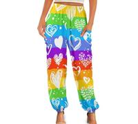 UOIMAG Rainbow Heart Boho Pants for Women Colorful Striped LGBT Pride Harem Pants High Waist Yoga Pants Size 4XL