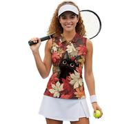 UOIMAG Sleeveless Women's Golf Shirts Black Cat Athletic Tops Maple Fall Collared Activewear Racerback Moisture Wicking Tennis Tanks Size XL