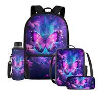 UOIMAG Space Butterfly Backpack and Lunch Bag Set for Girls Galaxy School Bag with Water Bottle Floral Pencil Case 4pcs