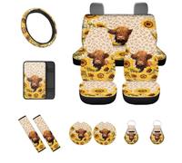 UOIMAG Sunflower Highland Cow Car Accessories Full Set Automotive Seat Covers with Leopard Print Seatbelt Covers