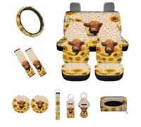 UOIMAG Sunflower Highland Cow Car Seat Covers with Leopard Seatbelt Covers Steering Wheel Accessories 13 Pack