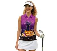 UOIMAG Womens Athletic Tank Tops Black Cat Golf Shirts Halloween Shirt Sleeveless Collared Activewear Moisture Wicking Cute Party Outfits Size XL