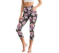 UOIMAG Womens Skull Workout Leggings with Pockets Tummy Control Yoga Pants 3/4 Length Size 2XL