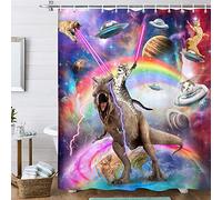 Uokiuki Funny Cat Shower Curtain Boys Kids Bathroom Decor, Cool Riding Dinosaur On Fantasy Galaxy Hilarious Curtain, Funky Outer Space Universe Anime Fabric with 12PCS Hooks, 70X70IN