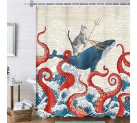 Uokiuki Funny Cat Whale Shower Curtain, Red Kraken Octopus Japanese Ocean Wave with Chinese Auspicious Clouds Shower Curtain with Hooks, Fun Animal Nautical Fabric Bathroom Curtain 69W X 70L Inch