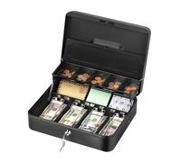 UOMIO Lockable Metal Cash Box with Keys - Black Money Tin for Petty Cash, Security Safe with Removable Trays & Coin Slots for Office, Home, Market Stall, Supermarket (11.8 x 9.5 x 3.5 inches)