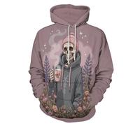 UOMSKTY Cartoon Skeleton Long Sleeve Unisex Hoodies, 3D Print Gothic Floral Pullover Hooded, Soft and comfy Adult Top Pink Sweatshirt Hoodies with Big Pockets for Men 5XL