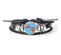 UOMSKTY Fiji Islands Flag Braided Leather Bracelet - Adjustable Fashion Woven Bracelet Men Women Round Badge Cuff Bangle, Charm Patriotic Jewelry Novelty Accessories Couple Gift,Adjustable
