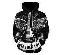 UOMSKTY I Like Rock Long Sleeve Unisex Hoodies, 3D Print Music Punk Guitar Wings Pullover Hooded, Soft and comfy Adult Top Black Sweatshirt Hoodies with Big Pockets for Men 3XL