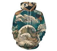 UOMSKTY Japan Waves Long Sleeve Unisex Hoodies, 3D Print Abstract Graffiti Pullover Hooded, Soft and comfy Adult Top Teal Sweatshirt Hoodies with Big Pockets for Men 3XL
