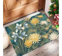 UOMSKTY Japanese Ukiyo-E Indoor Outdoor Door Mat, Orchids, Chrysanthemums 90 X 150 Cm Washable Doormat,Dark Green Non Slip Low Pile Bathroom Rug For Entryway Kitchen