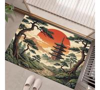 UOMSKTY Japanese Ukiyo-E Washable Door Mats Indoor & Outdoor - Non-Slippery Heavy Duty - Perfect Dust Grabbing Doormats Ancient Pagoda, Pine Trees, Stone-Paved Road Dark Green