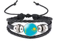 UOMSKTY Kazakhstan Flag Woven Bracelet - Punk Braided Leather Bangle Men Women Wristbands Adjustable, Charm Novelty Patriotic Jewelry Round Badge Bracelet Couple Accessories Gift,Adjustable