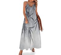UOMSKTY Maxi Dresses for Women, Summer Sling V-Neck Sleeveless Abstract Leaves Spaghetti Strap Long Dress, Silver Gray Loose Beach Sundress, Ink Plants Casual Party Swing Dress