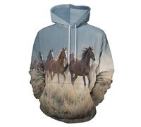 UOMSKTY Mist Horse Hoodies for Men Women, Full 3D Printed Graphic Sweatshirt, Unisex Novelty Modern Grassland Animals Athletic Breathable Fashion Pullover with Pockets Yellow