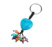UOMSKTY Natural Stone 7 Chakra Heart Shape Key Ring - Hand Made Beads Crystal Stones Keyring,Green Aventurine Amethyst Rose Quartz Pendant Keychains,Blue Turquoise,9Cm
