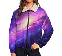 UOMSKTY Sherpa Fleece Jacket for Women, Andromeda Galaxy Ladies Winter Warm Full Zip Coat, Nature Universe Space Long Sleeve Teddy Coats, Purple Stylish Fuzzy Outdoor Sport With Pockets
